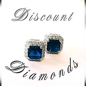 Blue Sapphire & White Baguette Diamond Earrings on 925 Sterling Silver